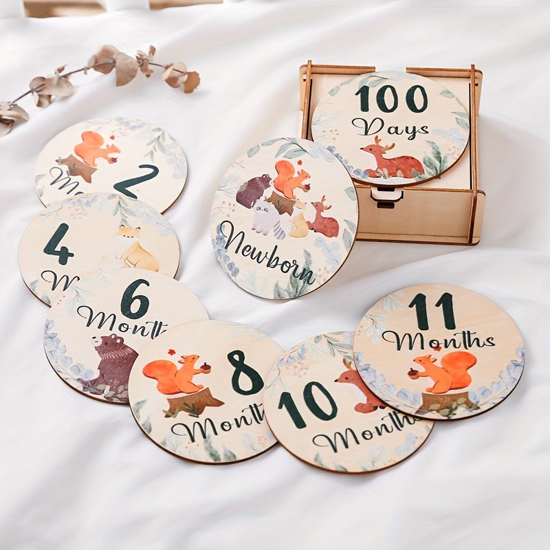 Wooden Baby Milestone Coasters Forest Animals Set for Growth Photos and Memories