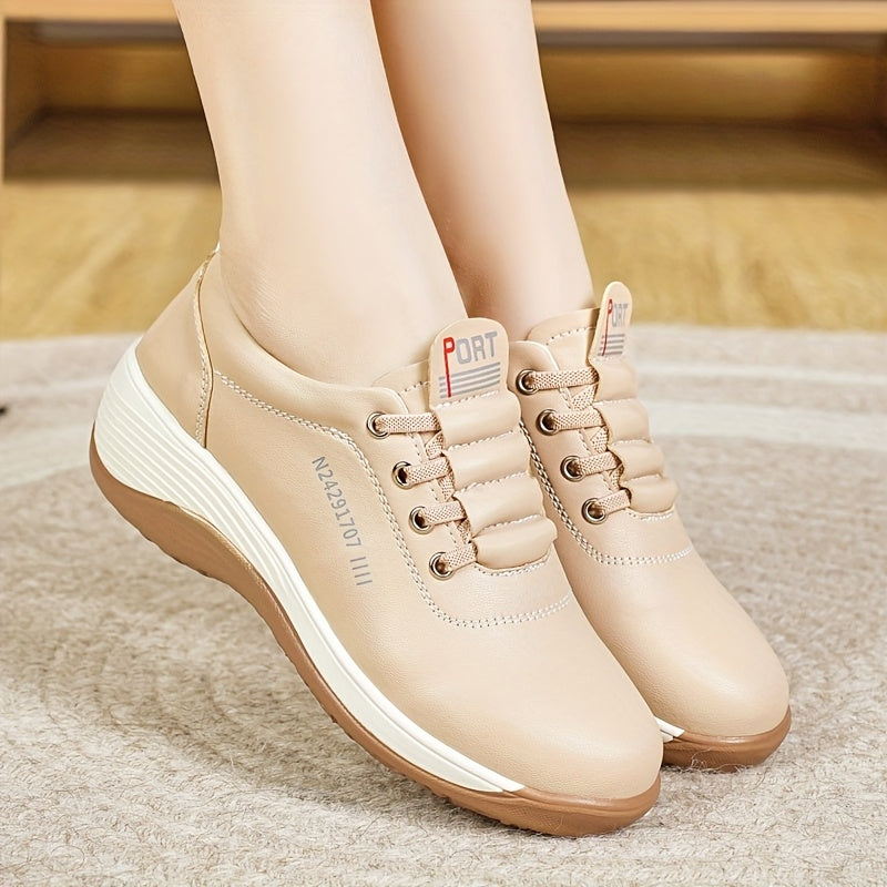 Women's White Brown Casual Sneakers Low-Top Lace-Up Breathable All-Season
