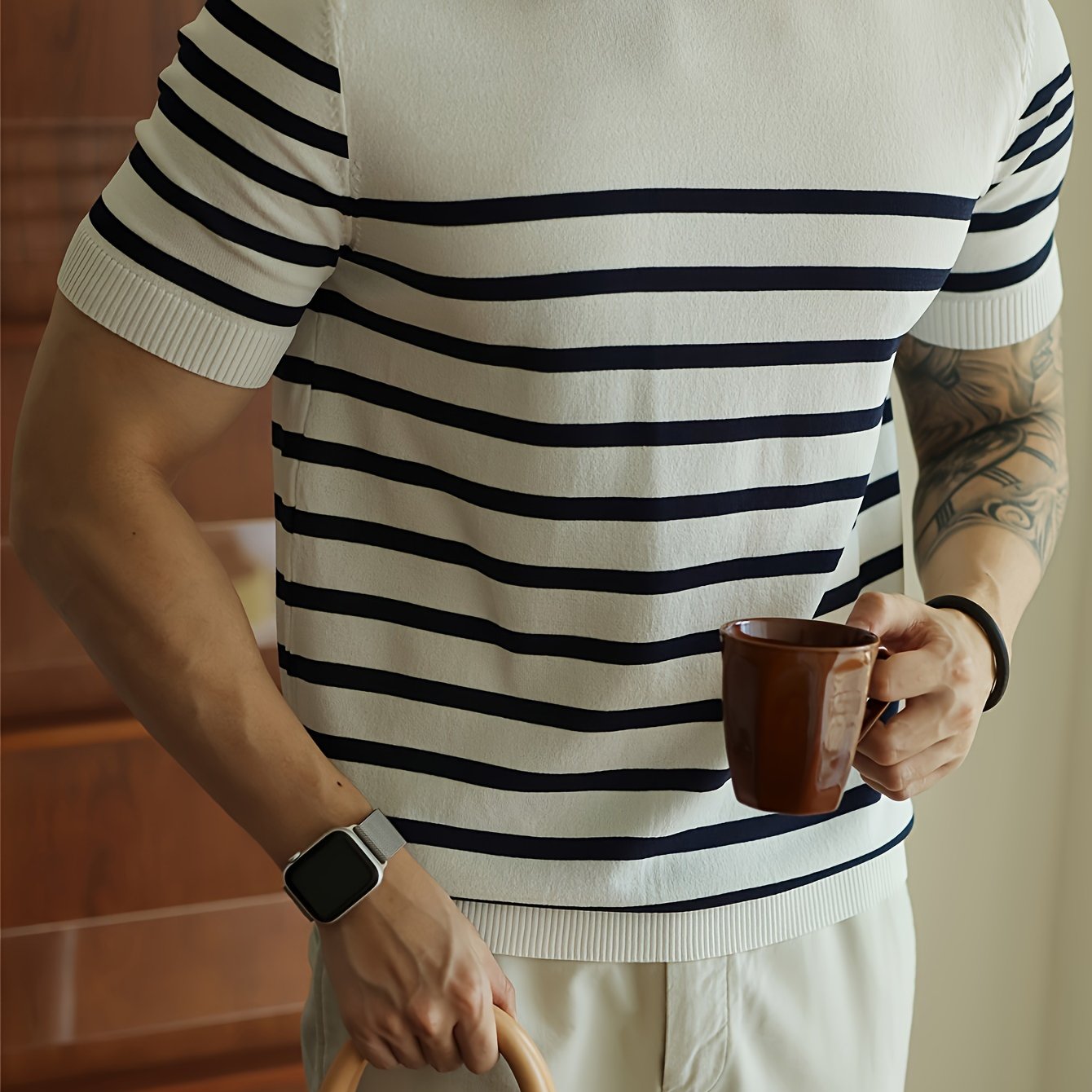 Men's Striped Knit Pullover Lightweight Casual Crew Neck Polyester All-Season