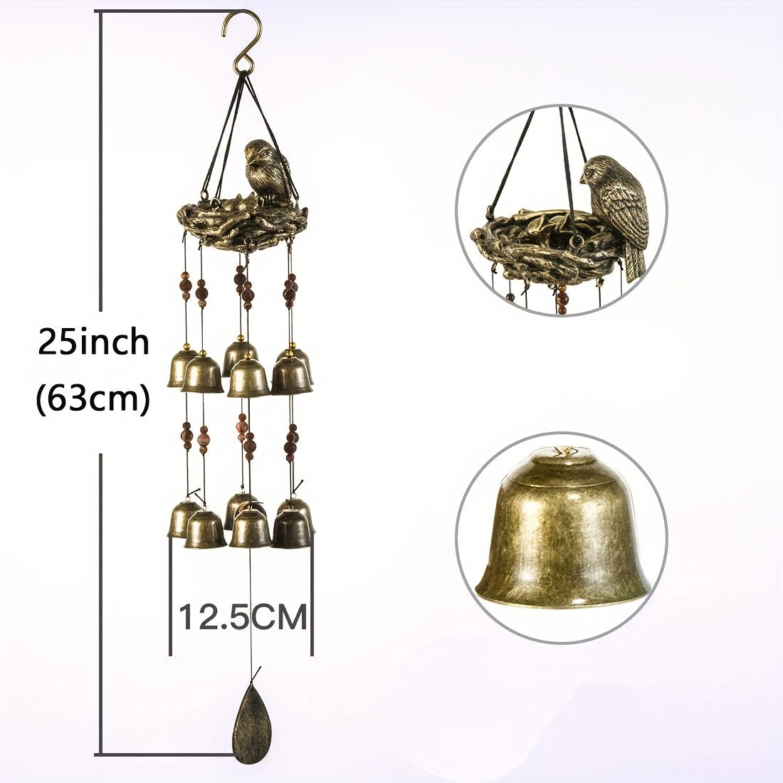 Bronze Bird Nest Wind Chime with 12 Bells Garden Decoration Gift