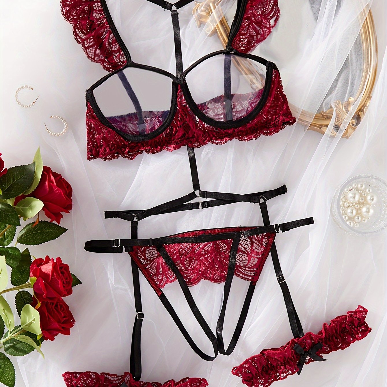 Conjunto de lencería de encaje y satén para mujer con aros y correas ajustables