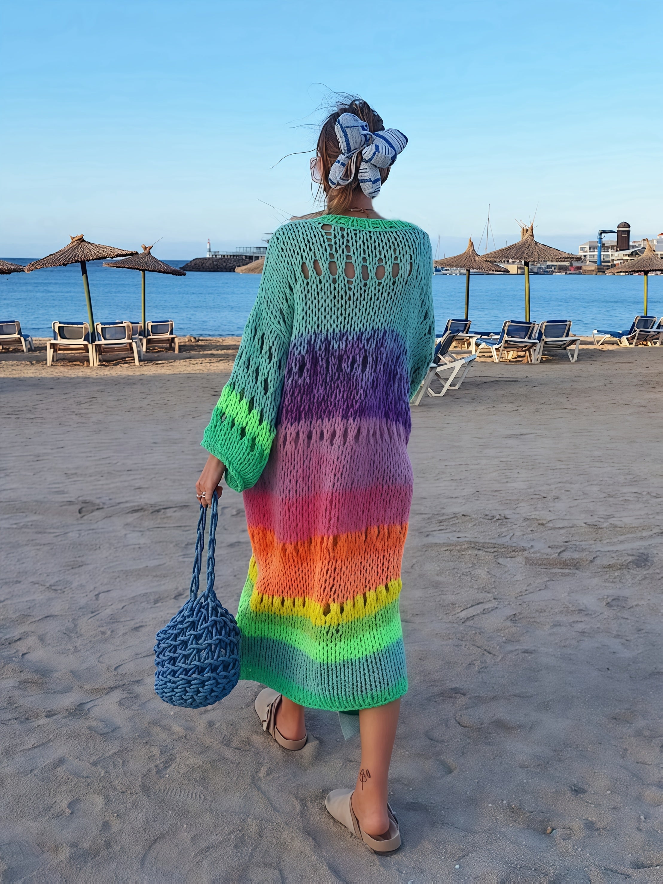 Women's Hand-Knitted Ombre Coat with Gradient Bright Colors, Retro Lantern Sleeves
