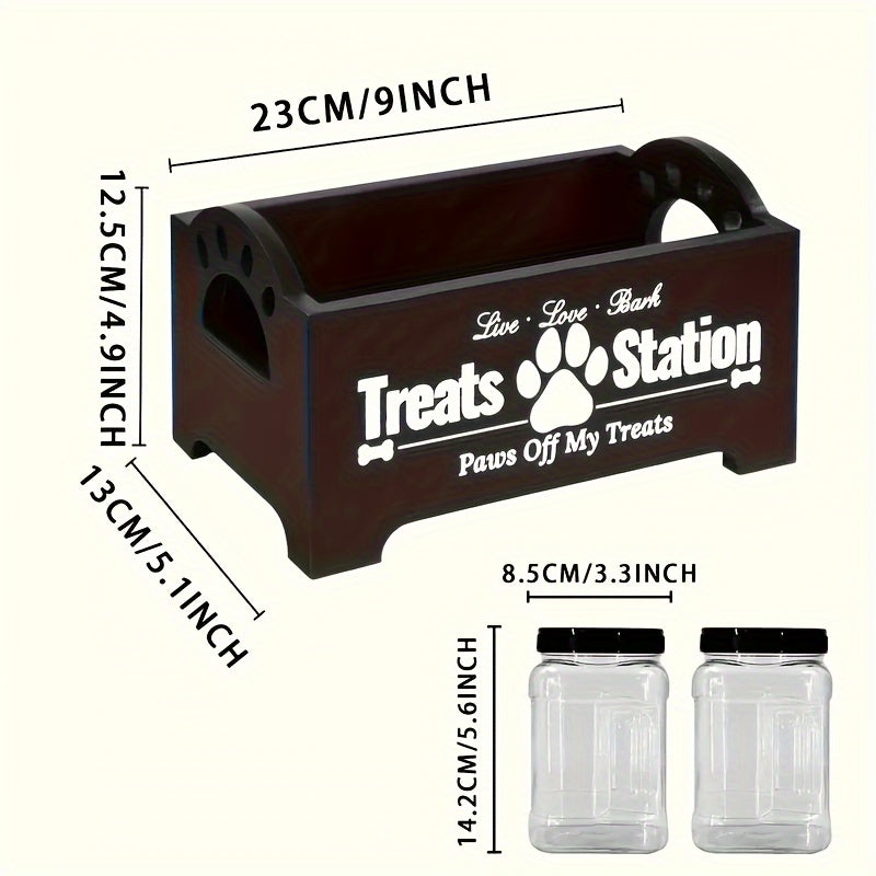 Деревянная станция для хранения лакомств для домашних животных с 2 пластиковыми банками для собачьих угощений и лакомств. Уникальная застежка, неводонепроницаемый деревянный контейнер для домашнего использования.