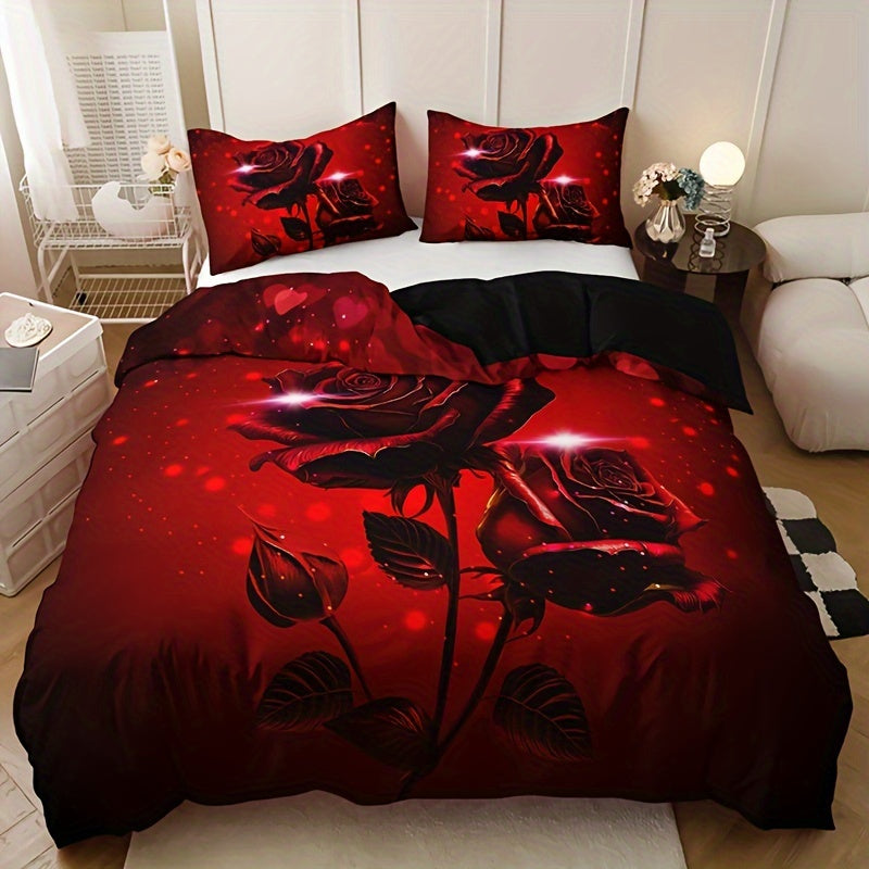 Red Rose Print Duvet Cover Set with 2 Pillowcases Breathable Polyester All Season