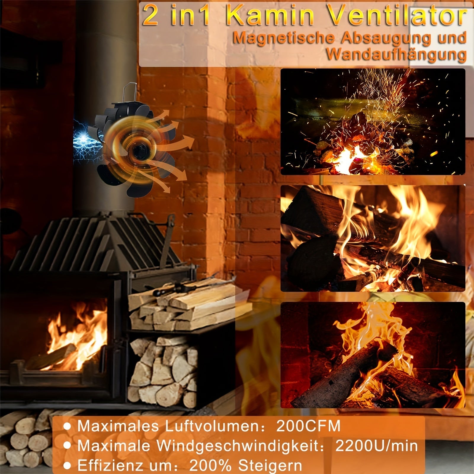 Magnetic Fireplace Fan Aluminum Chimney Fan for Wood Burners Portable Polished