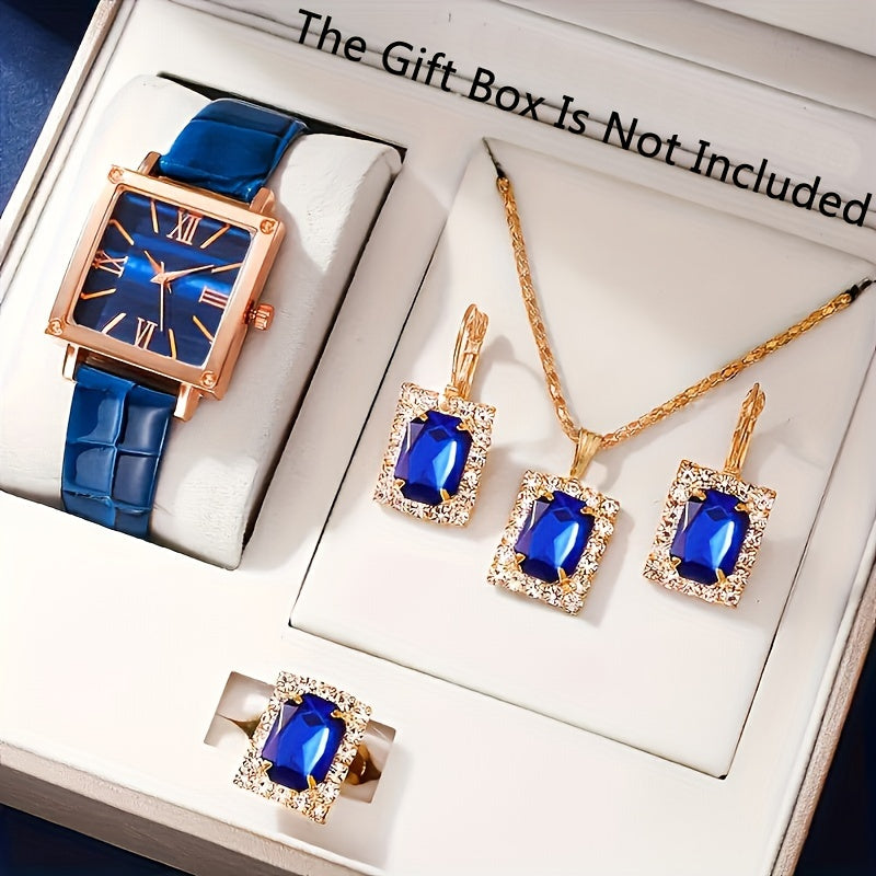 5 ta ayollar uchun vintage kvadrat kvarts soatlari to'plami, PU charm bilan taqilgan va sintetik toshli zargarlik buyumlari bilan