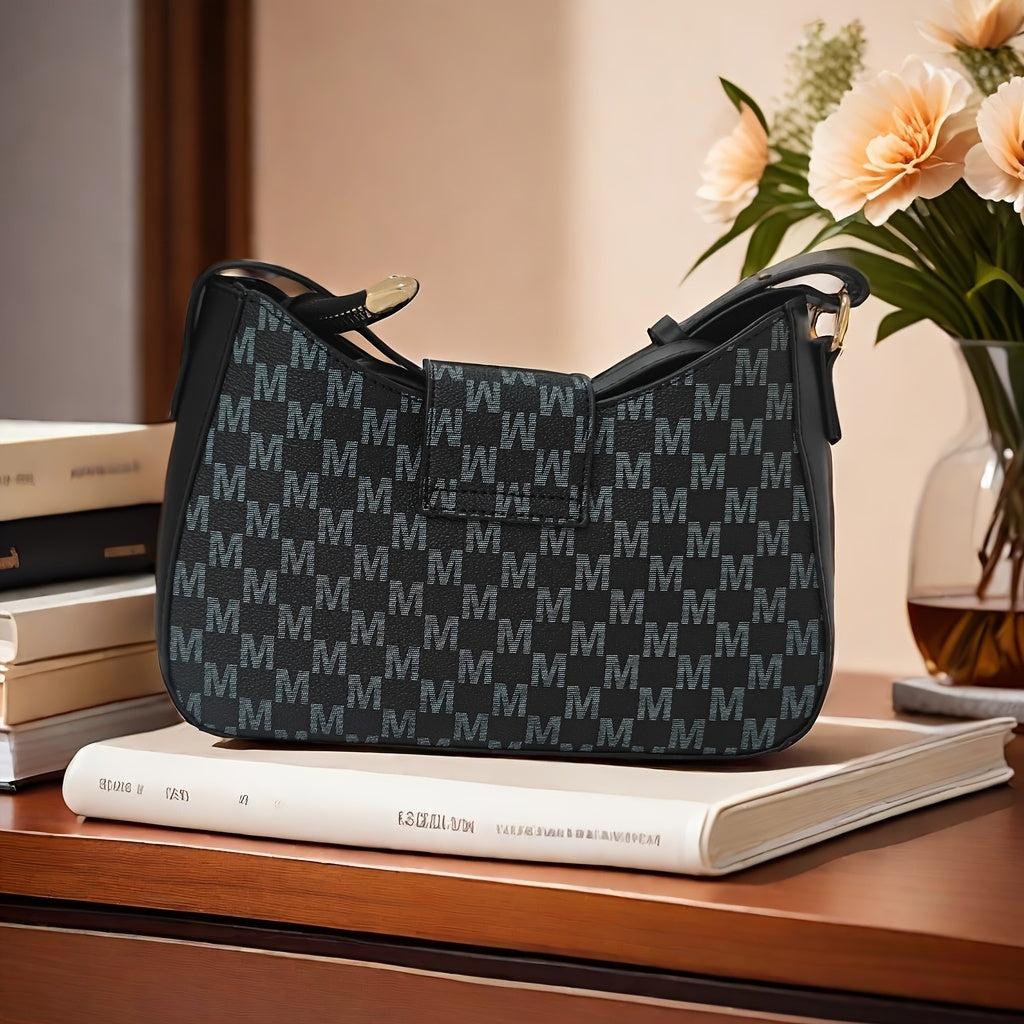 Ayollar uchun geometrik naqshli yelka sumkasi, dizayner ilhomlangan, polyester astar bilan zipli krossbodi sumkasi. Har qanday holat uchun mos, tasodifiy M naqsh joylashuvi bilan.