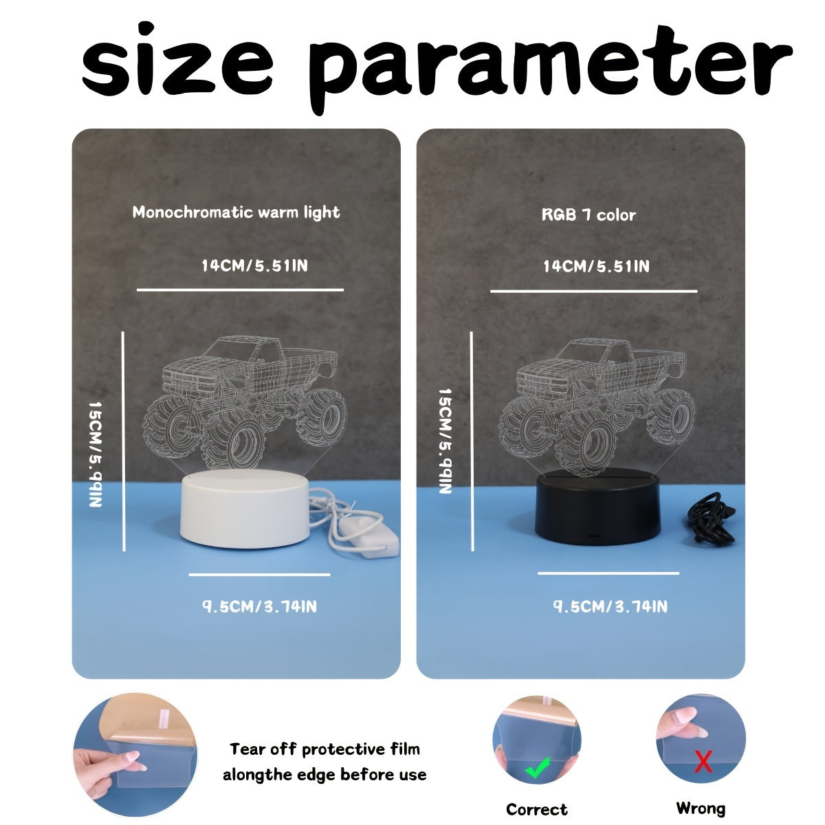 Modern Monster Truck 3D Illusion Table Lamp Touch Control USB Desk Night Light