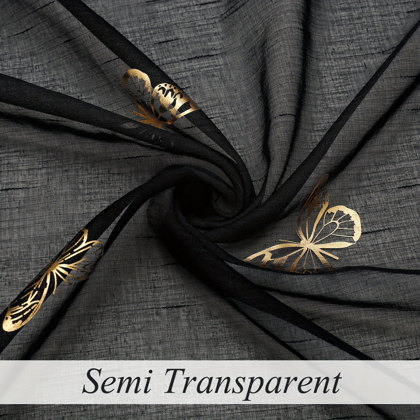 Golden Butterfly Translucent Linen Curtains for Bedroom or Living Room 63-95 Inches