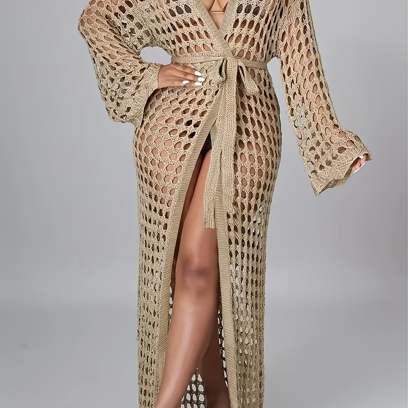 Women's Plus Size Crochet Cardigan with Tie Front Bell Sleeves Beige