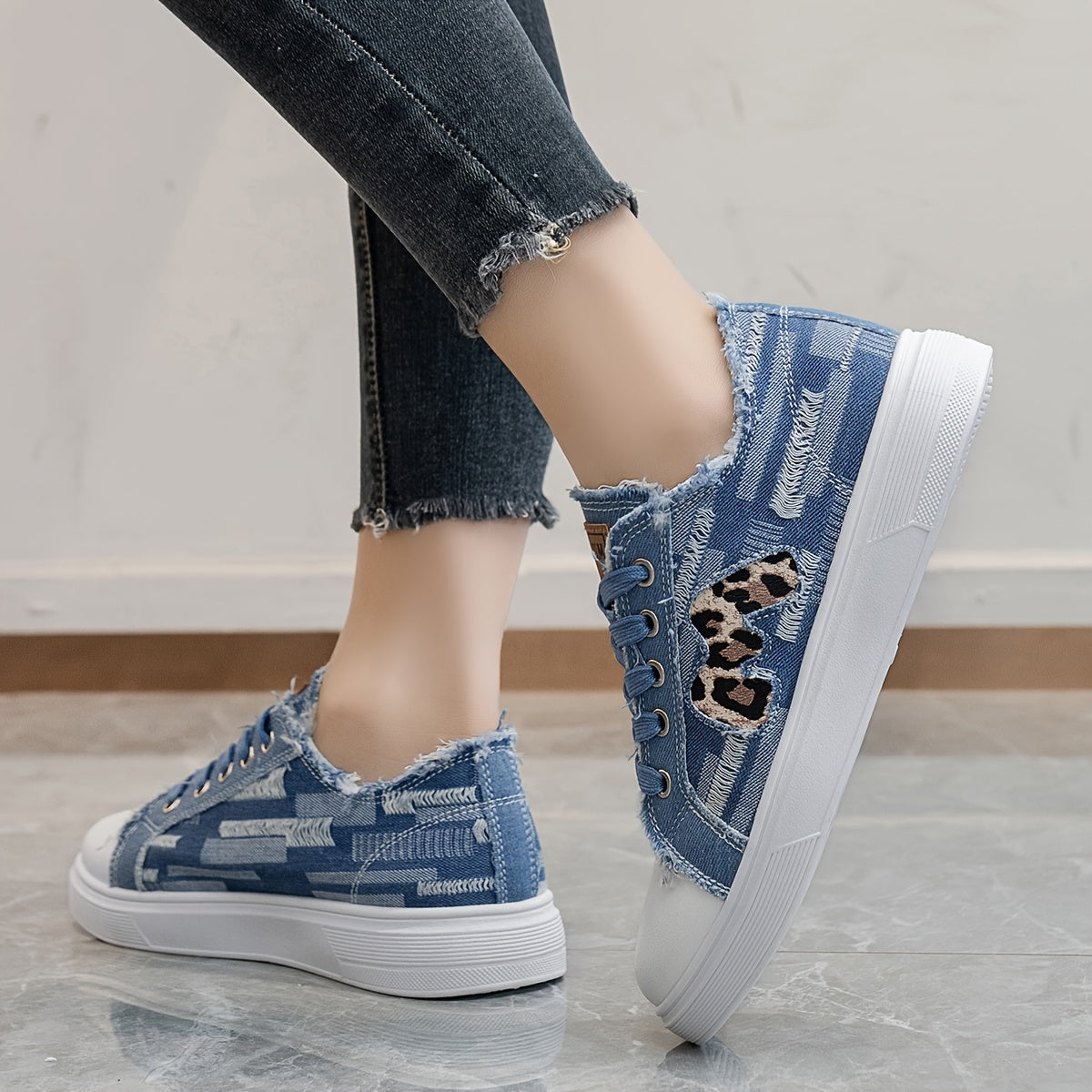 Women's Faux Denim Sneakers with Leopard Print, Breathable Fabric, All-Season Comfort