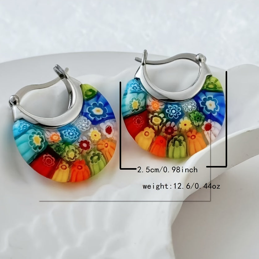 Handcrafted Boho Glass Mosaic Drop Dangle Earrings Stainless Steel Floral Design