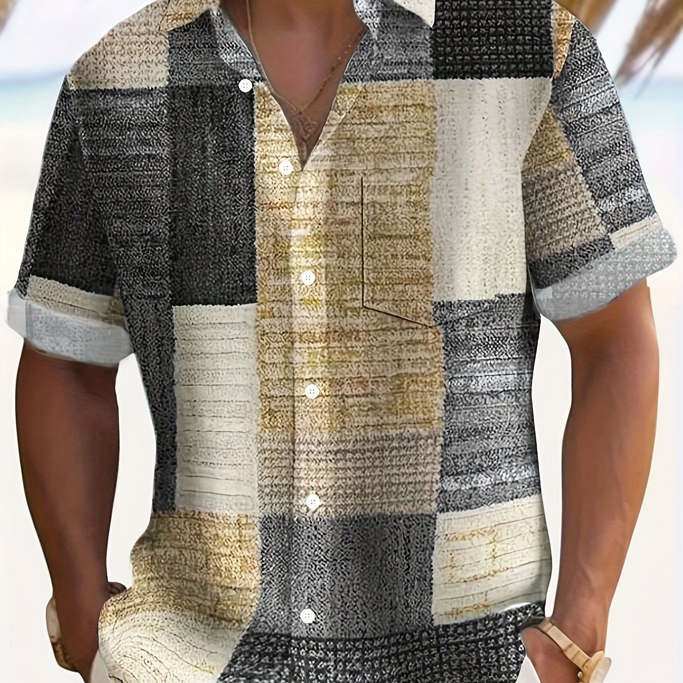 Plus Size Men's Retro Style Short Sleeve Shirt with Geometric Print for Summer