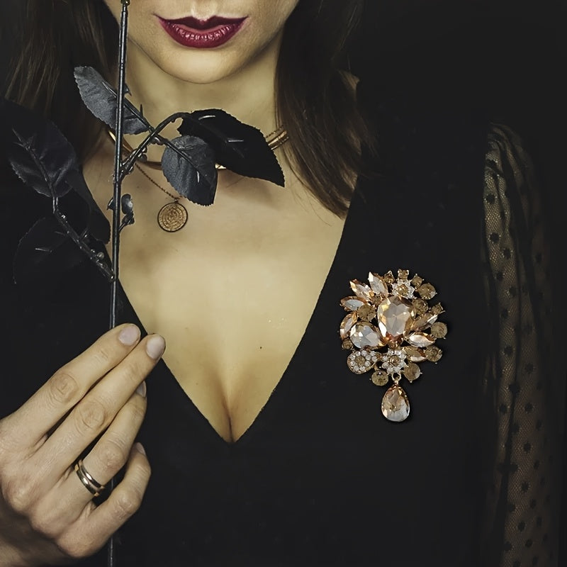 Vintage Crystal Brooch Pin with Irregular Teardrop Pendant and Glass Flower Design