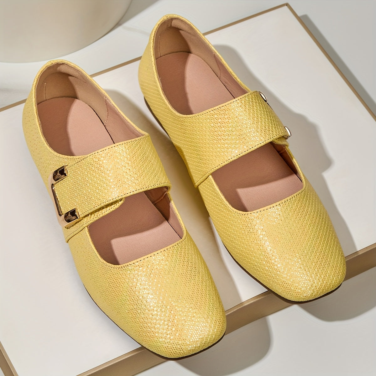 Women's Mary Jane Flats Square Toe Non-Slip Soft Sole Casual Shoes in White Beige Yellow