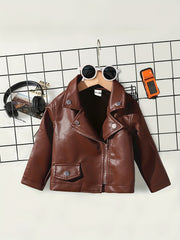 Kids Brown PU Jacket with Zipper, Lapel Collar, Faux Pockets for All-Season Casual Wear
