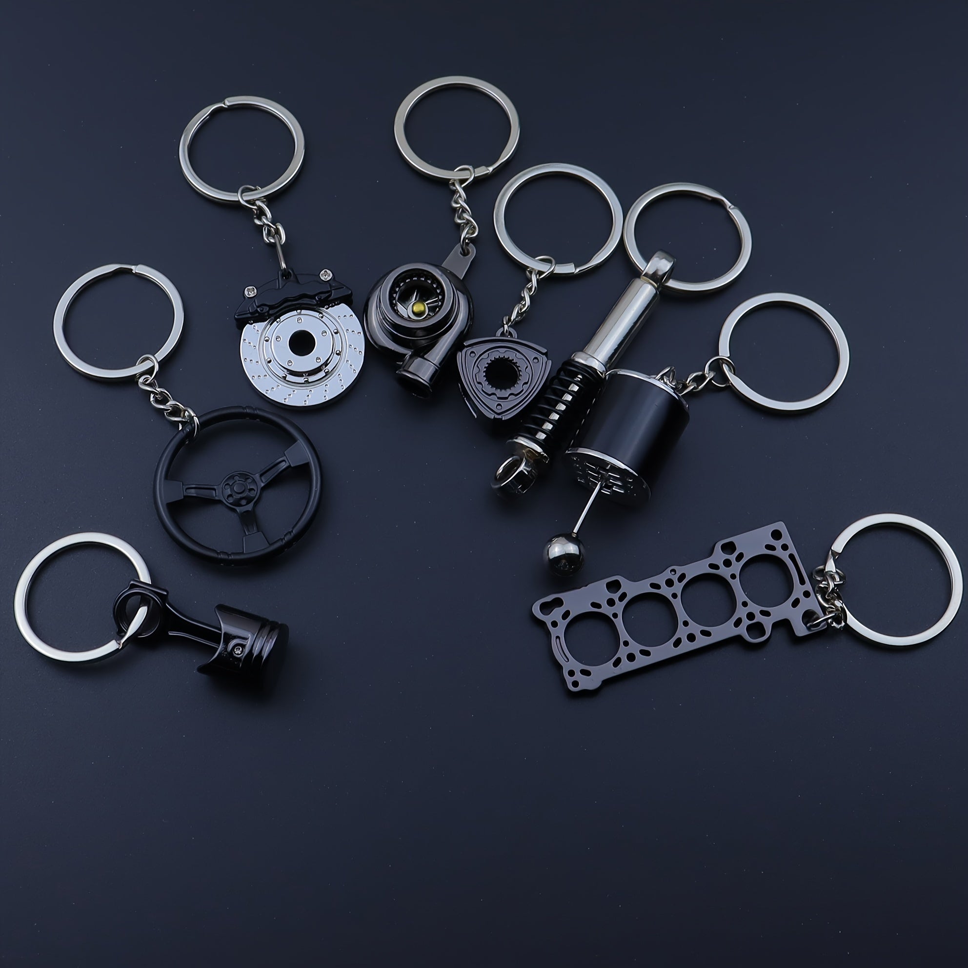 Car Keychains Piston Brake Disc Gear Turbocharger Engine Blade Steering Wheel Accessories