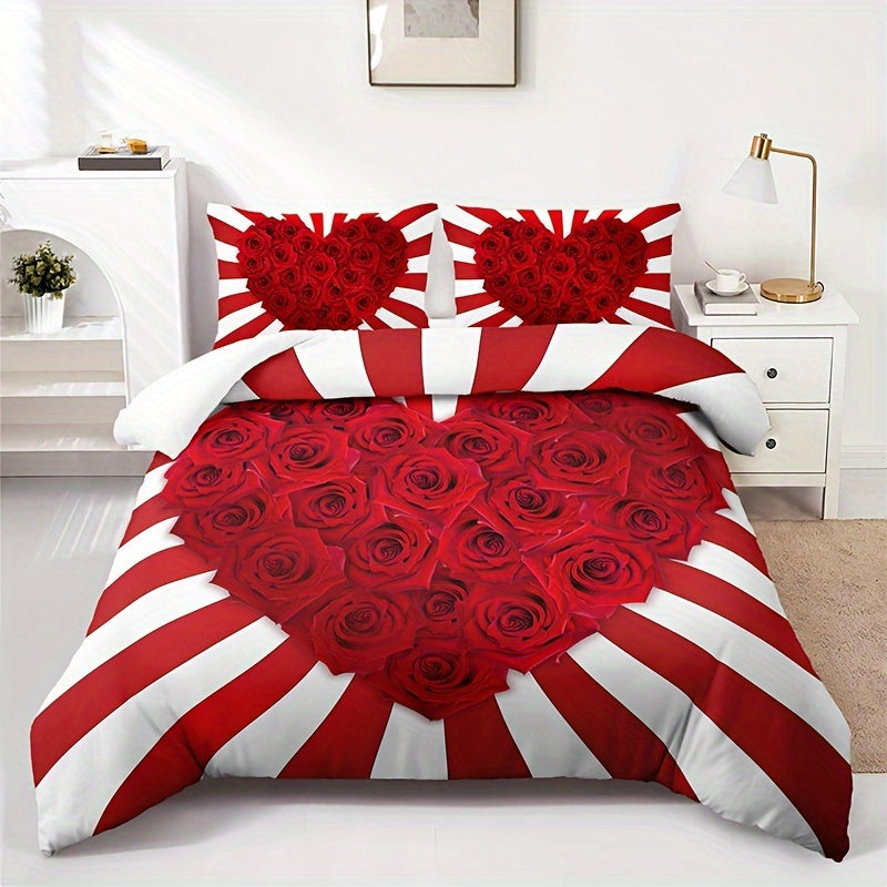 Red and White Rose Floral Print Bedding Set 3 Pieces Duvet Cover and Pillowcases