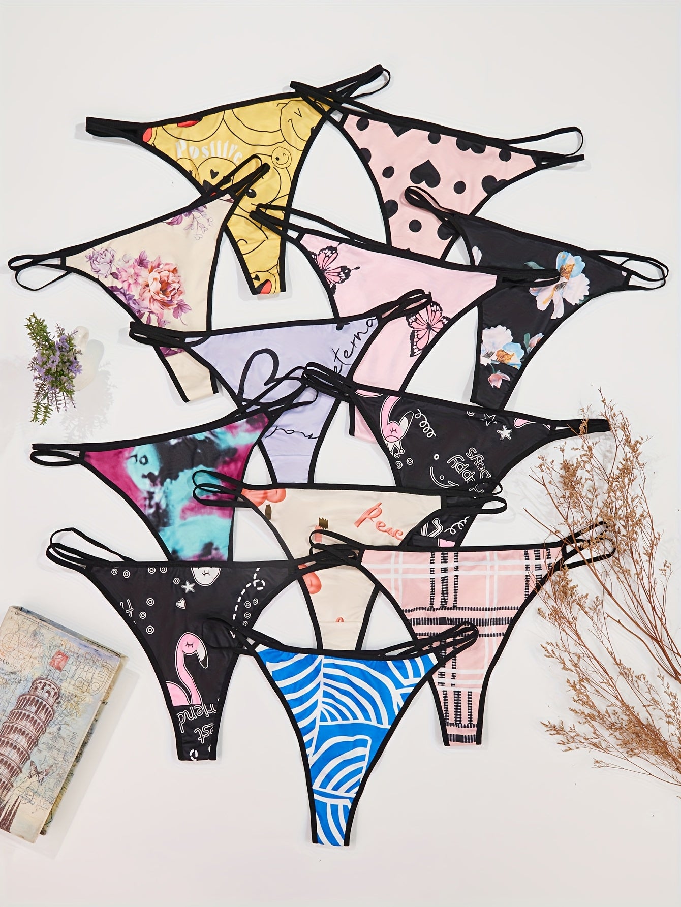 Women's Plus Size Low-Rise Thong Underwear 10 Pack Floral Abstract Print