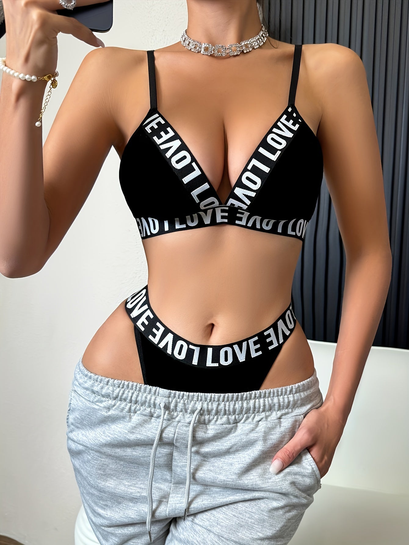 Women's Lingerie Set Printed Letter Bra and Panties with Soft Straps