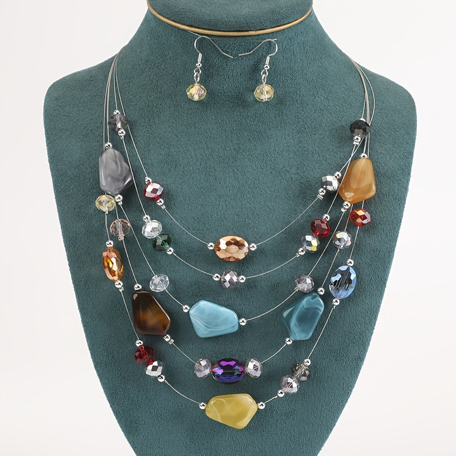 Boho Punk Jewelry Set Geometric Resin Beaded Necklace and Earrings for Women