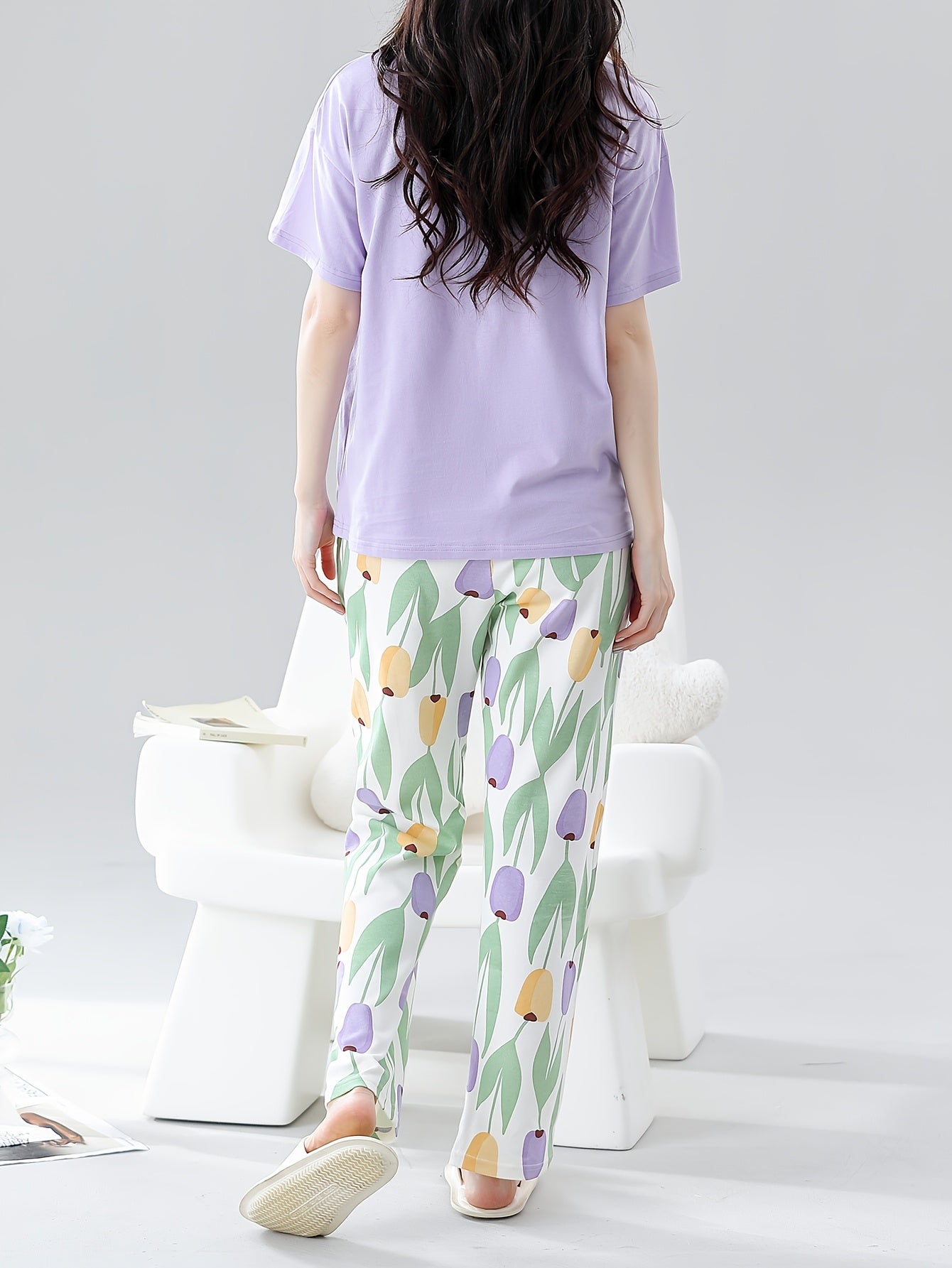 Women's Cotton Pajama Set Spring Fall Short Sleeve Long Pants Casual Floral Rabbit Design
