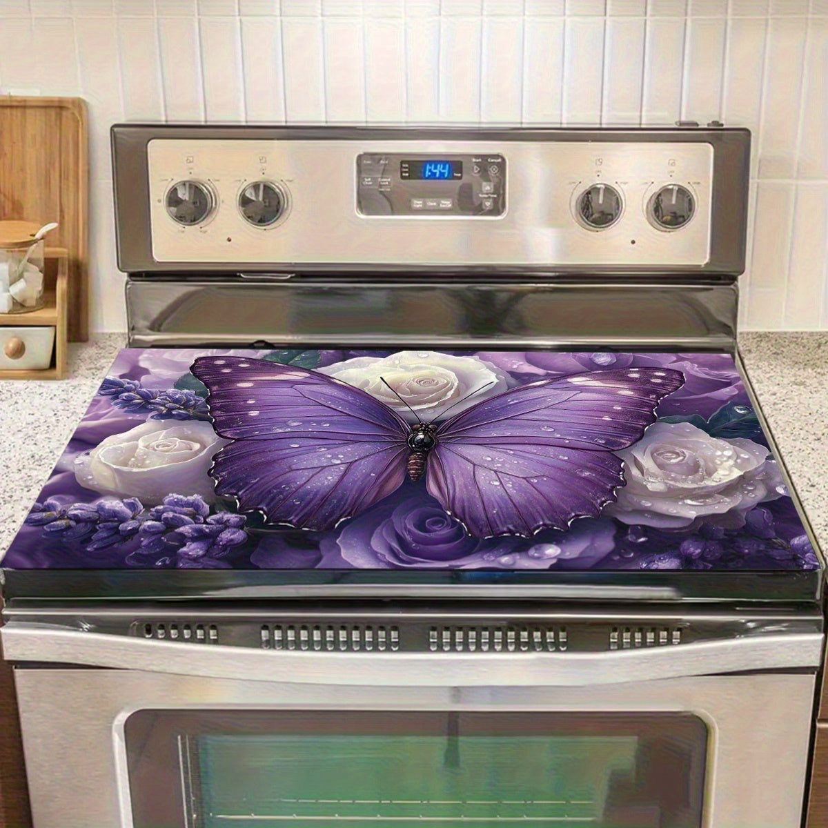 Binafsha rangli kapalak va gul naqshli quritish mato, pech usti himoya qiluvchi, issiqlikka chidamli, chizishga qarshi, sirg‘alishga qarshi, bardoshli