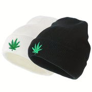 Embroidered Leaf Knit Hat Unisex Sports Cap for Men Women Teens