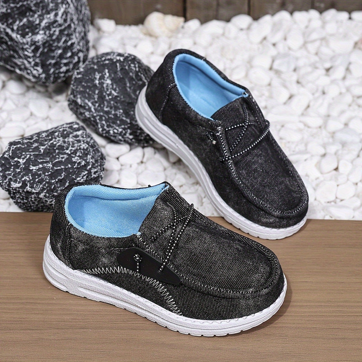 Boys Casual Sneakers with Elastic Laces Denim-Textured Canvas and EVA Sole for Spring and Fall