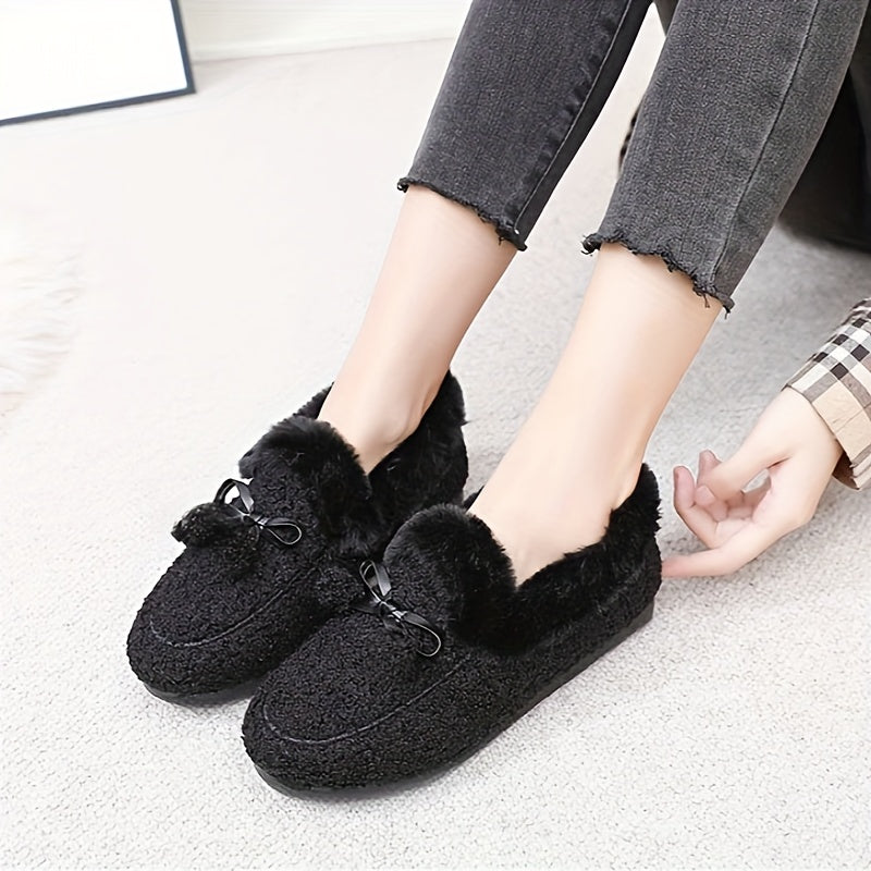 Women's Fleece-Lined Loafers Slip-Ons with Bow, All-Season Comfort