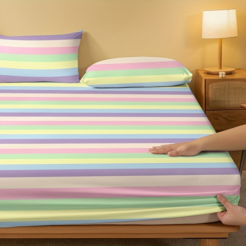 Striped Brushed Fitted Sheet Deep Pocket Mattress Protector for Bedroom Guest Room