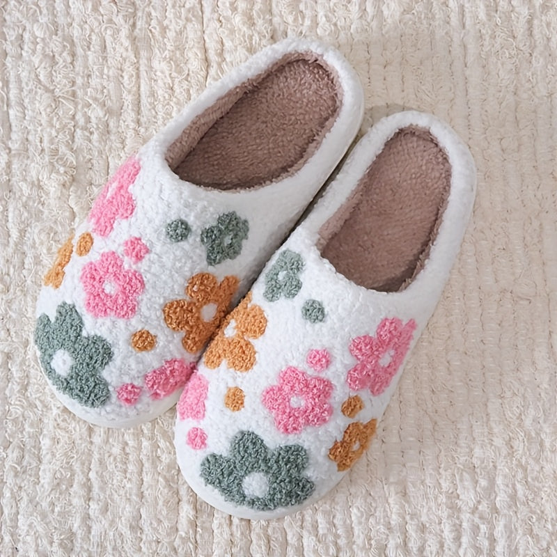 Unisex Plush Floral Slippers Warm Indoor House Shoes with Sunflower Design