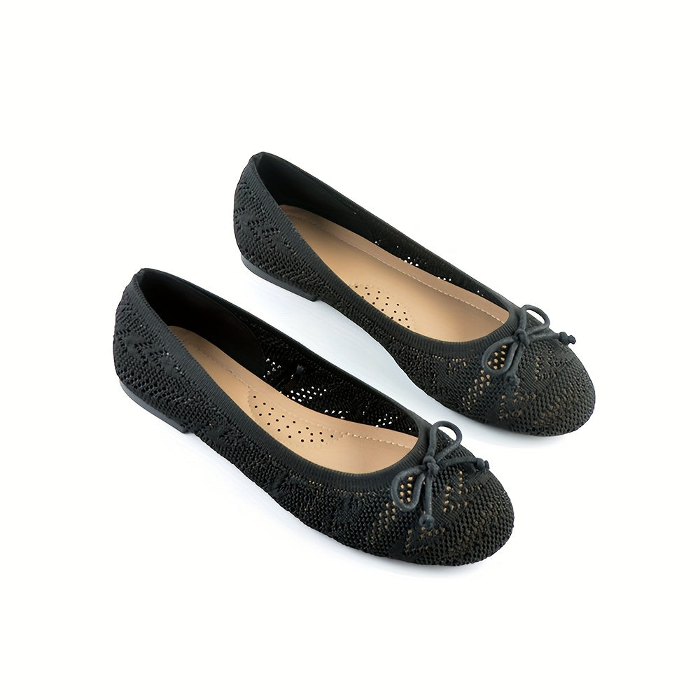 Women Slip-On Ballet Flats Breathable Knit Round-Toe Shoes Black Beige