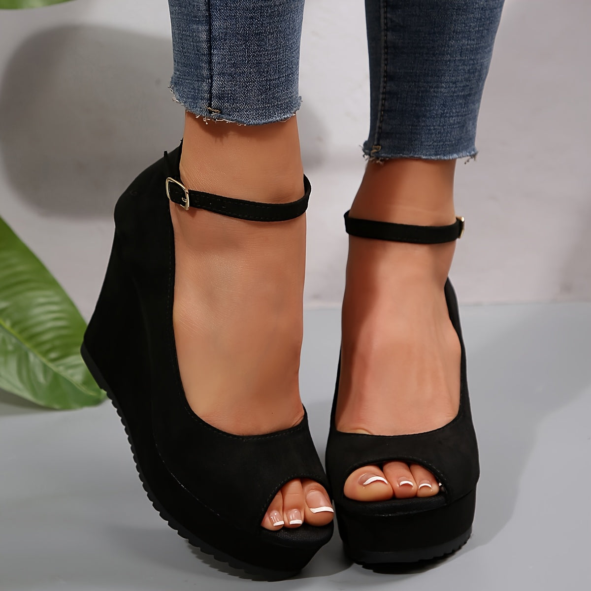 Women's Ankle Strap Platform Heels Open Toe Sandals Black Red Durable Footwear