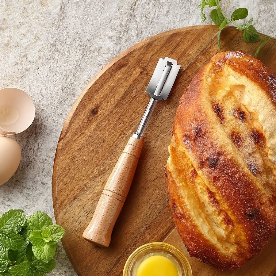 Stainless Steel Bread Lame with Curved Dough Scraper and Slicing Knife for Baguettes