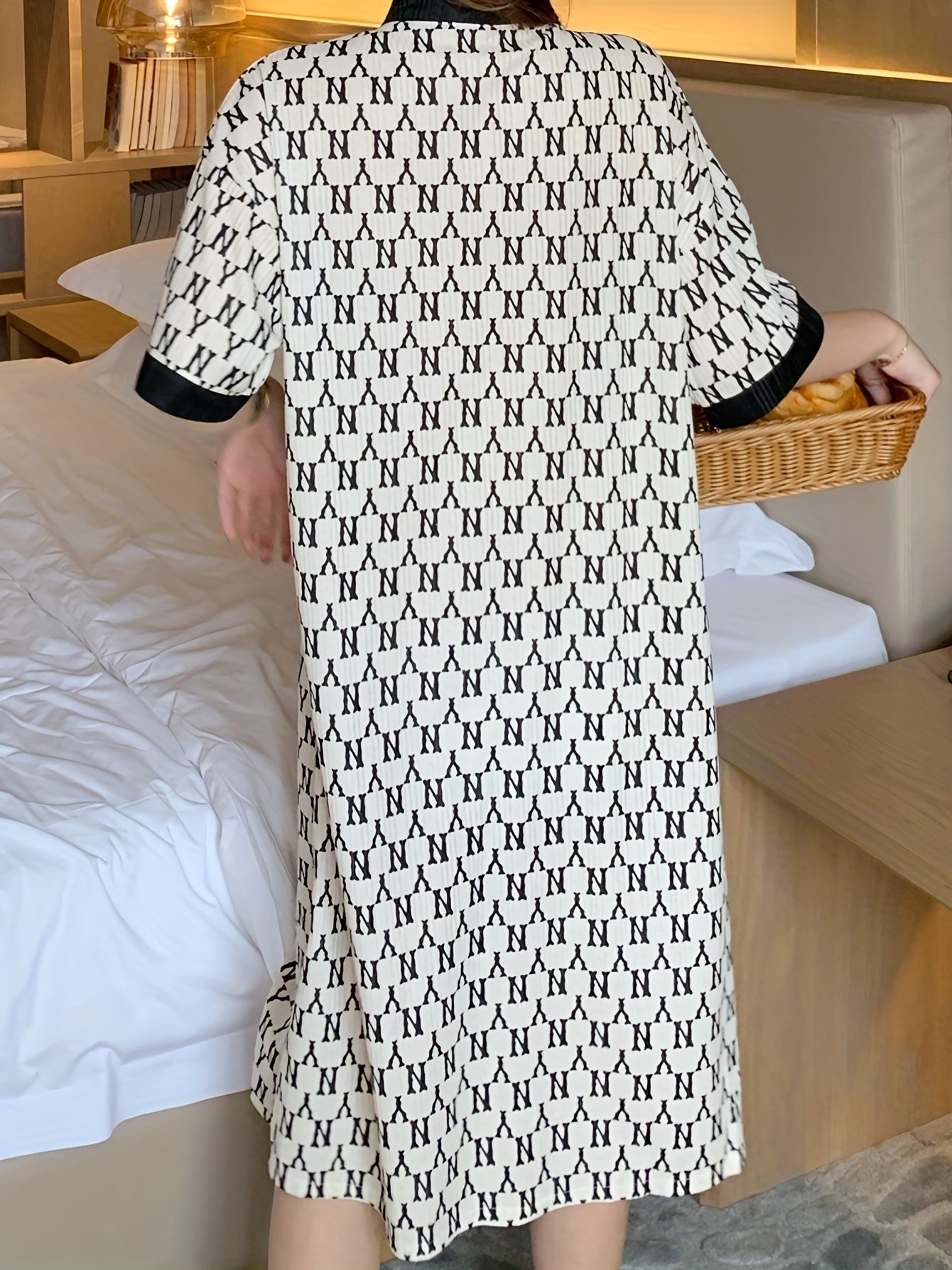 Women's Ribbed Pajama Robe with Letter Print and Colorblock Short Sleeves