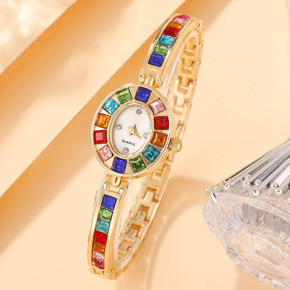 Women's Gold-Tone Watch with Colorful Rhinestones for Gift Occasions