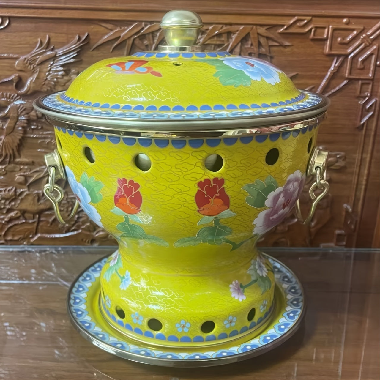 Yellow Floral Enamel Hot Pot with Brass Lining for Family or Individual Use