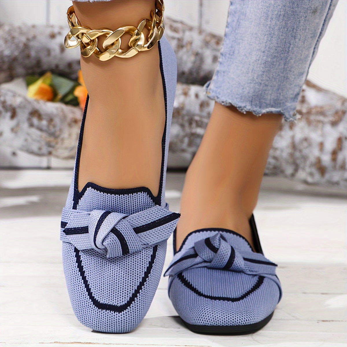 Women's Flat Shoes with Bow, Square Toe, Knitted Fabric, Slip-On, Lightweight