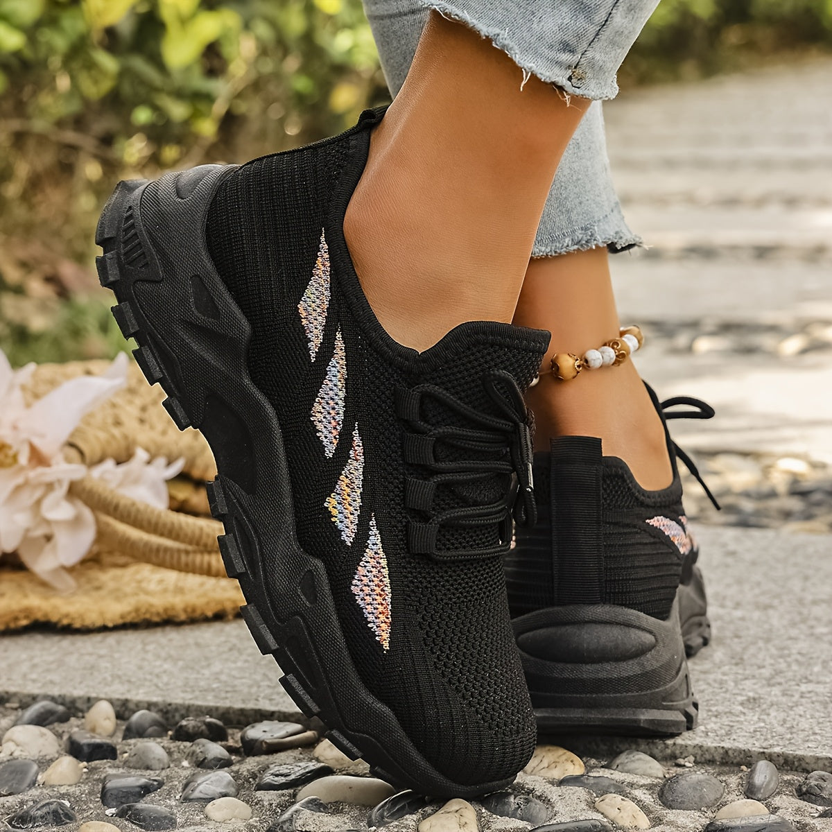 Women’s Breathable Knit Sneaker Casual Low-Top Walking Shoe with Round Toe