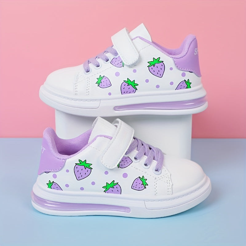 Girls Low Top Sneakers with Strawberry Cartoon Pattern All-Season Non-Slip Skateboard Shoes