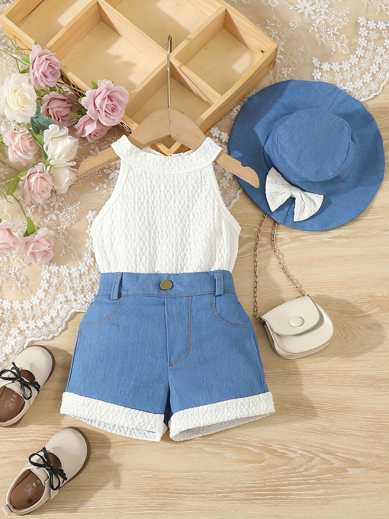 Qizlar uchun rangli blokirovka va kamon bezakli 2-qismli yengsiz denim romper. Qulay va zamonaviy yozgi ta'til sovg'asi. Tashqi faoliyatlar uchun ideal.