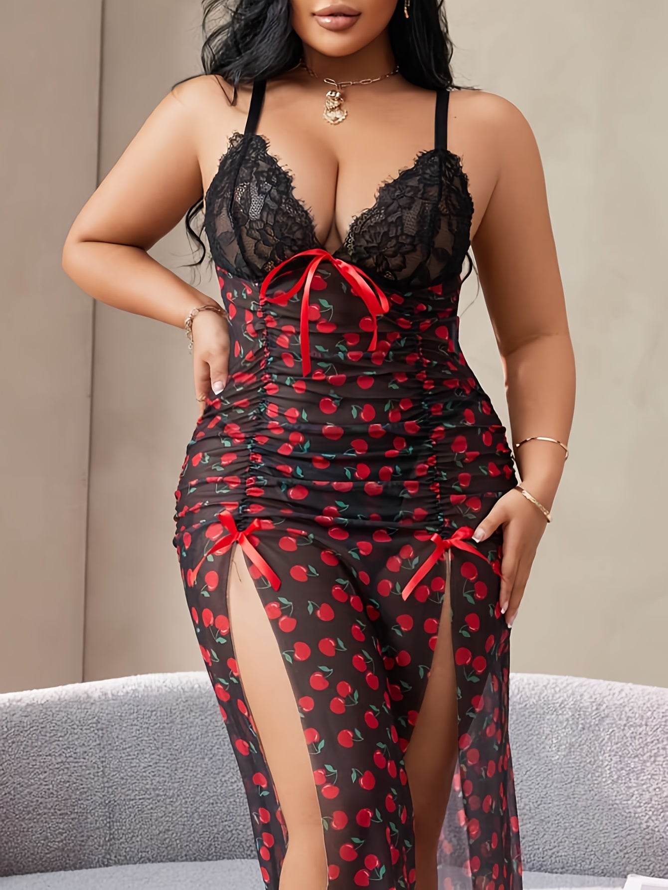 Plus Size Lingerie Set 2pcs Black and Red Floral Panties and Camisole