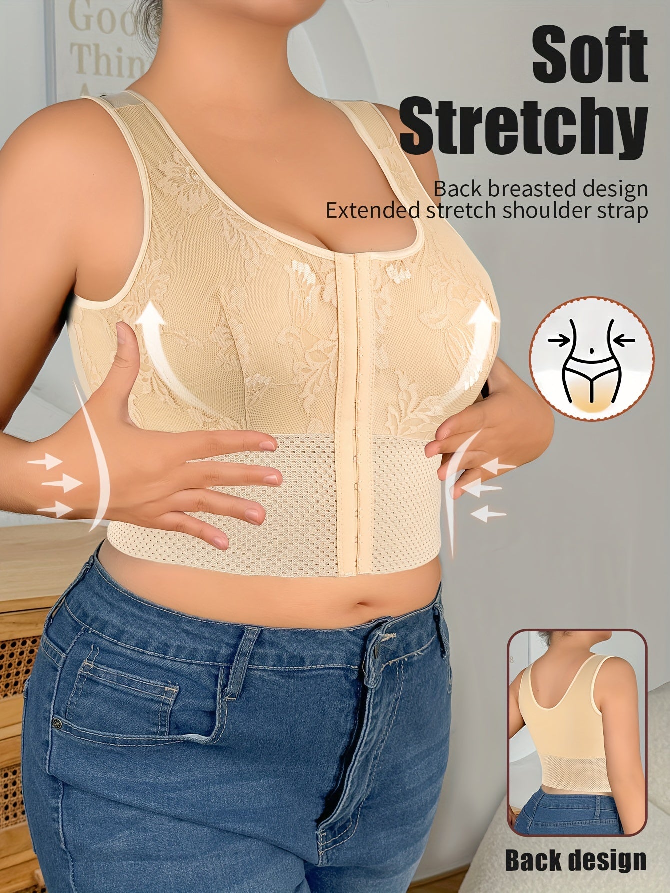 Plus Size Floral Shapewear Top Nylon Elastane Front Closure No-Pad Slimming Vest