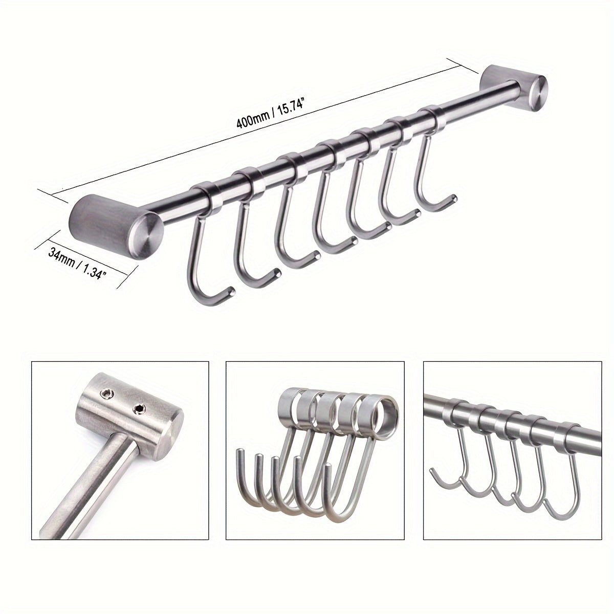 Stainless Steel Wall Mount Utensil Rack with Hooks for Kitchen and Bathroom Storage