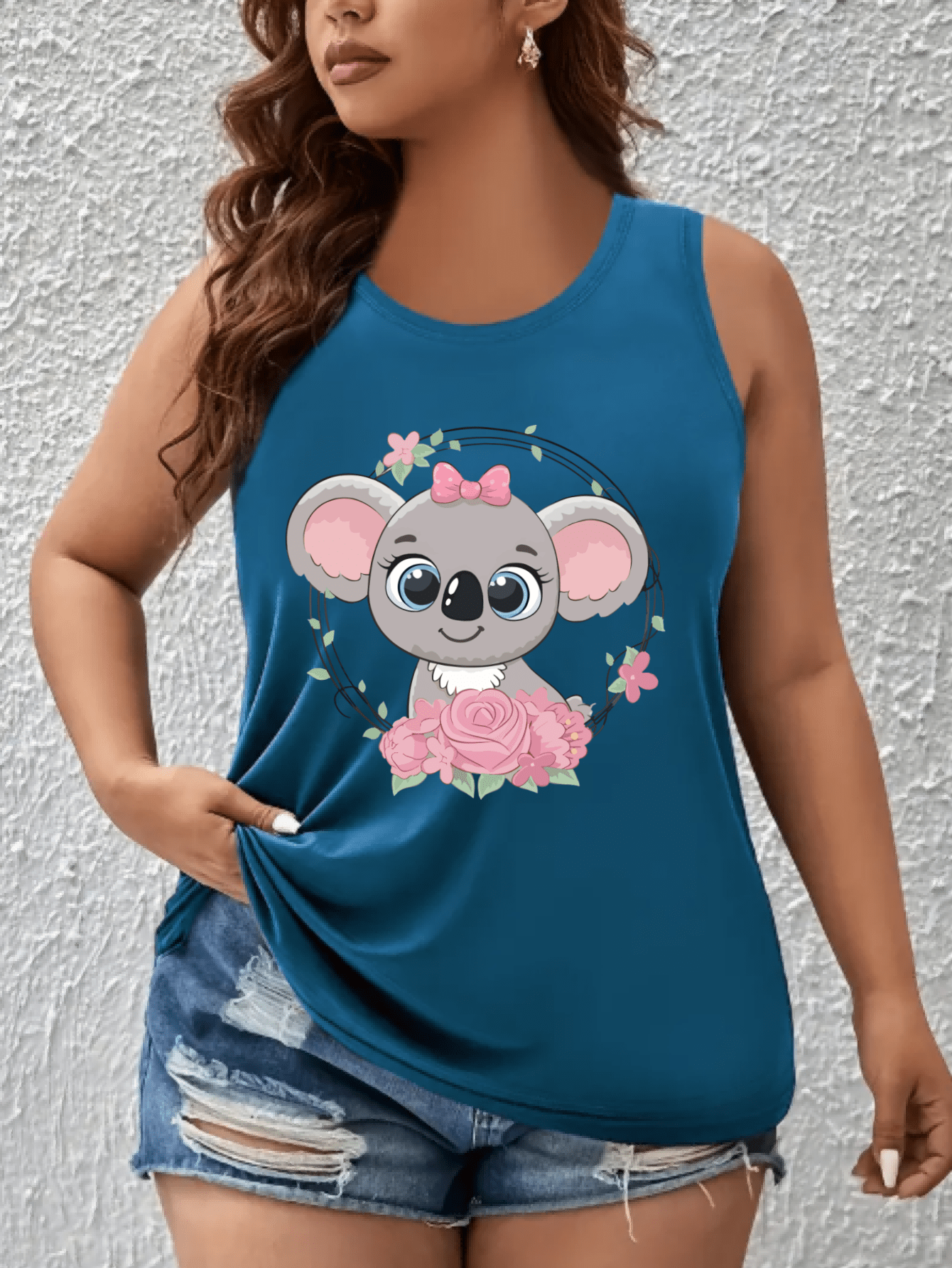 Top sin mangas de mujer talla grande con hombros descubiertos y estampado de koalas y flores