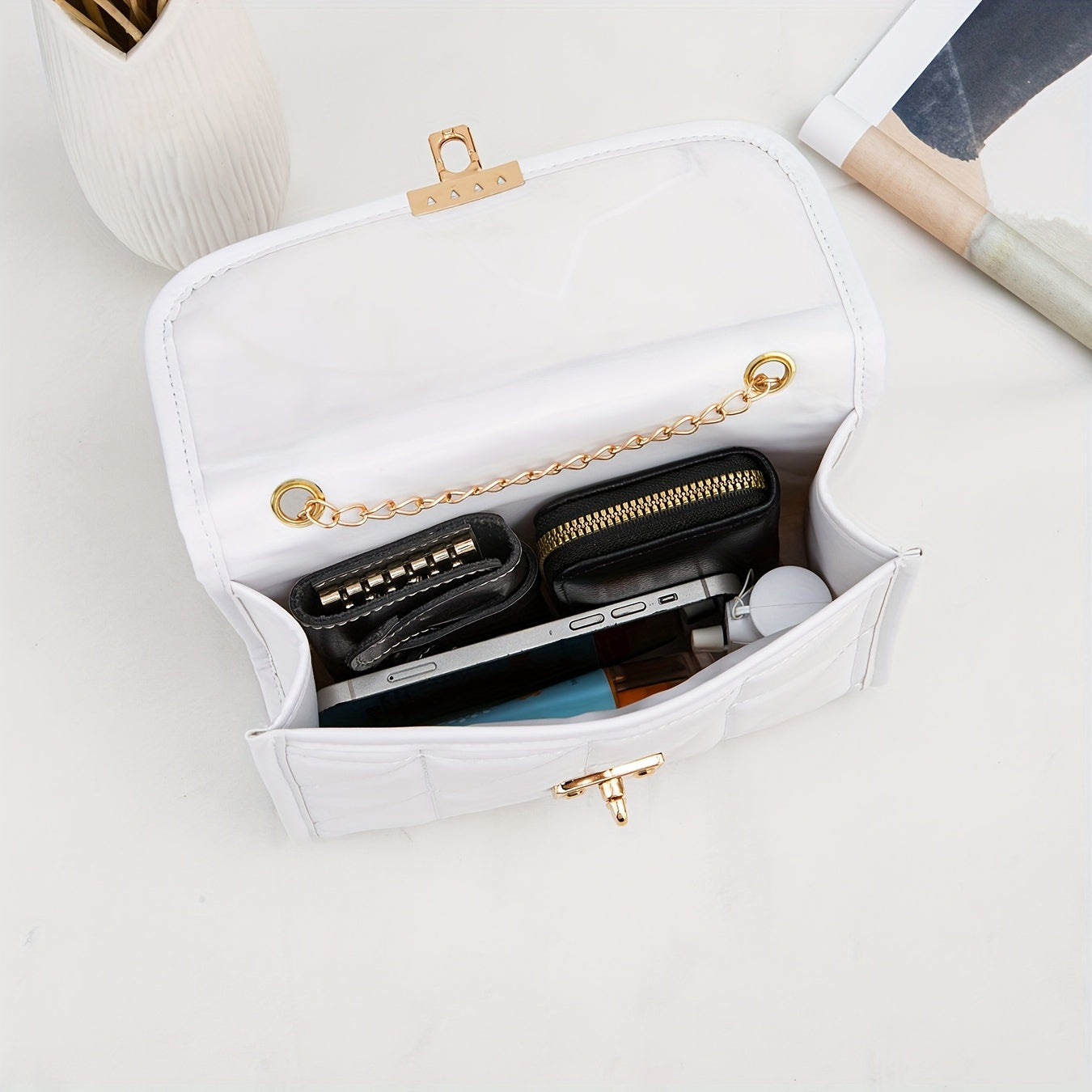 Quilted Crossbody Bag with Chain Strap Lock Closure Faux Leather Solid Color for Women