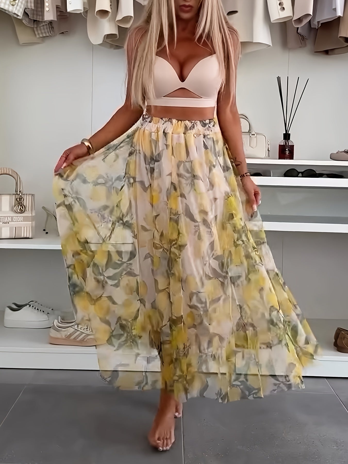 Falda midi de chiffon para mujer talla grande con estampado floral en amarillo y blanco, casual o semi-formal