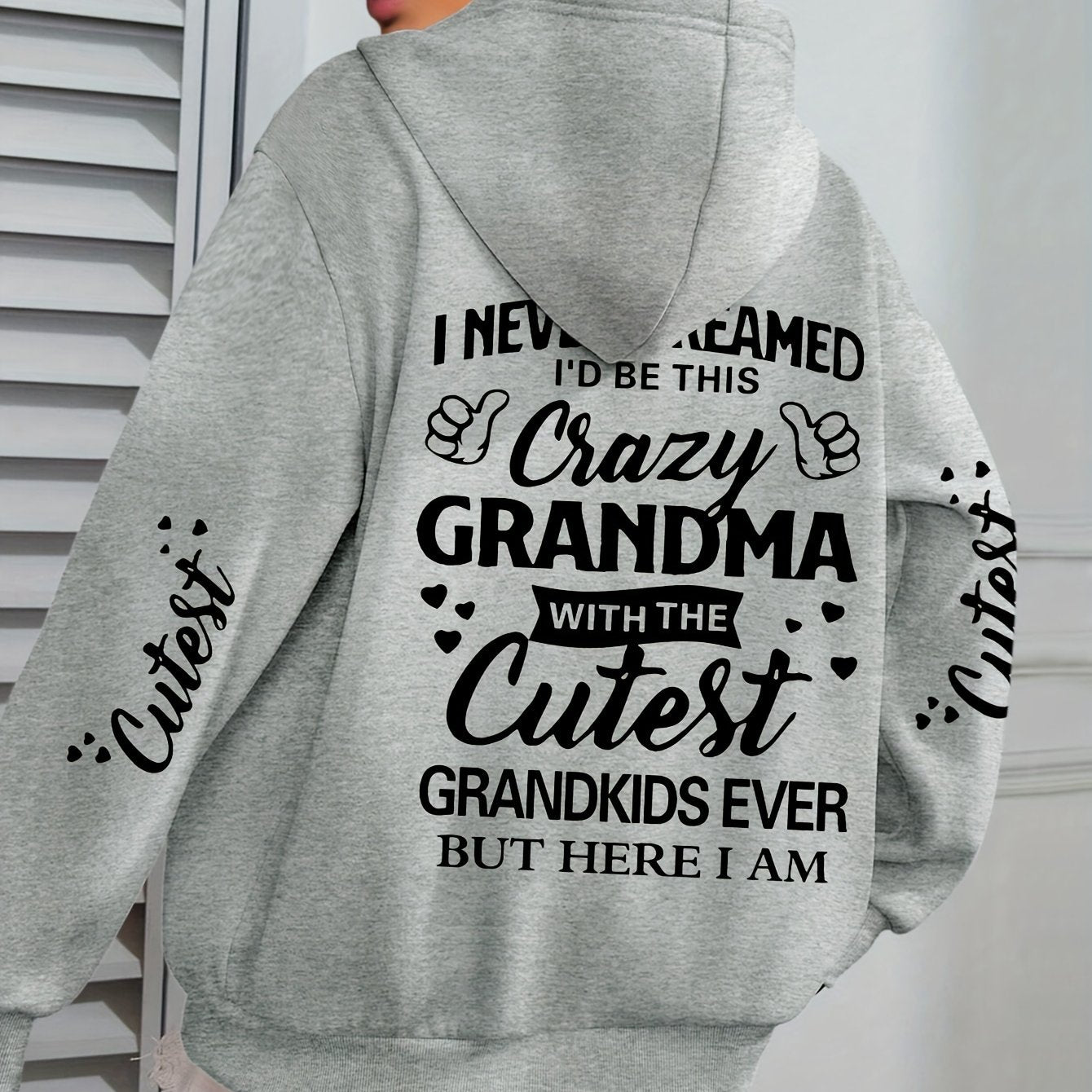 Толстовка с крупным принтом букв Plus Size Crazy для женщин, с длинными рукавами, повседневная, с капюшоном и карманами на шнурке