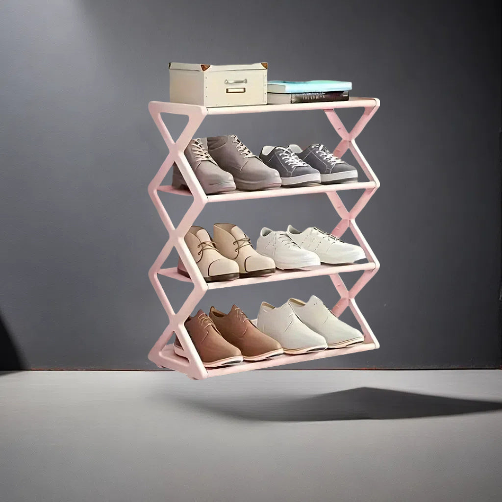 Estante para zapatos plegable negro contemporáneo de 4 niveles, organizador de suelo que ahorra espacio